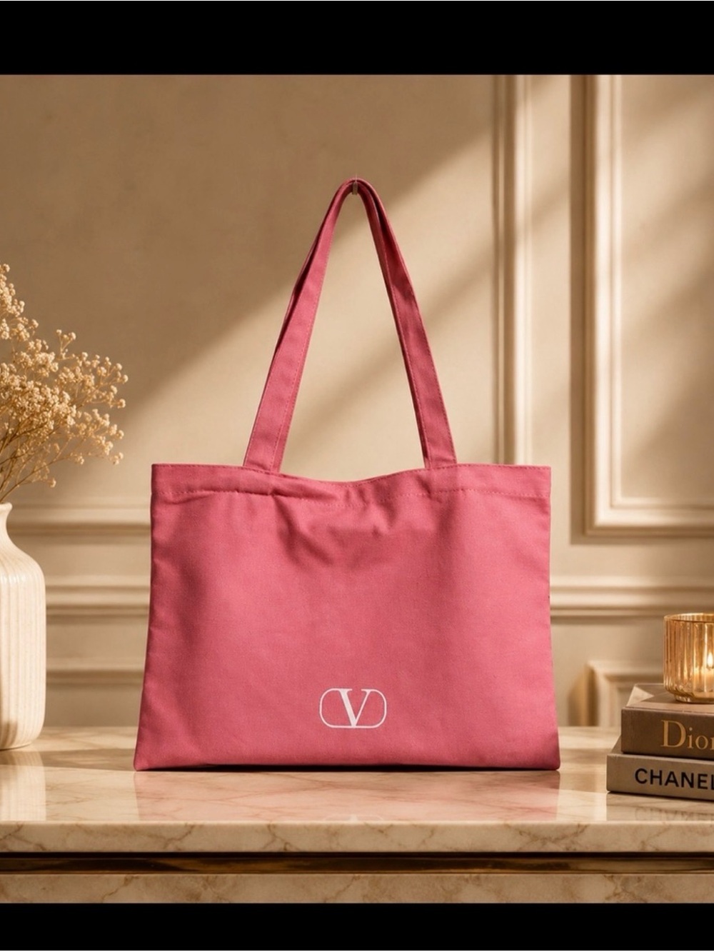 Valentino Rose Pink Canvas Tote with V Logo